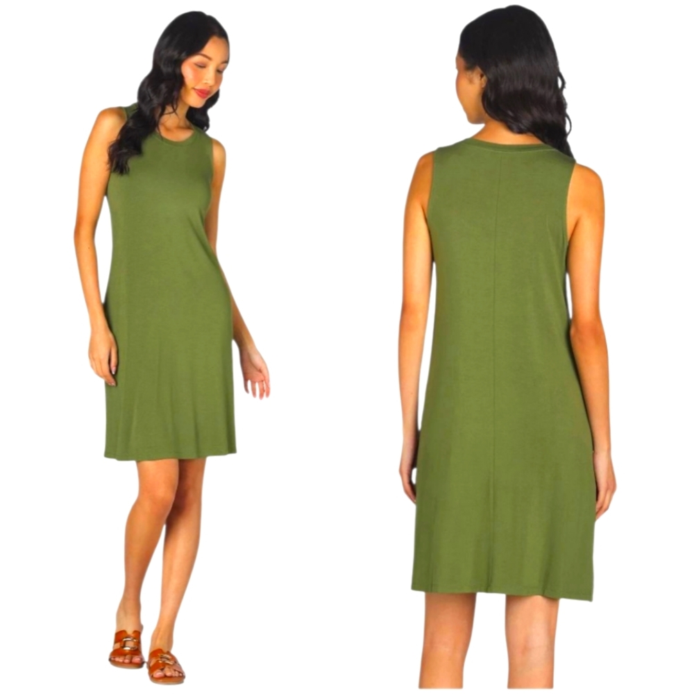 TIME & TRU Sleeveless Olive Green Knit Swing Dress Knee-length Pockets NWT SM